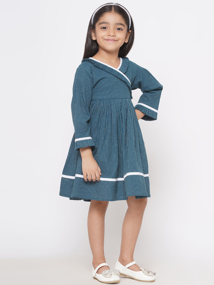 Little Bansi Girls Thread Work Frilled Frock - Turquoise Blue - Little Bansi