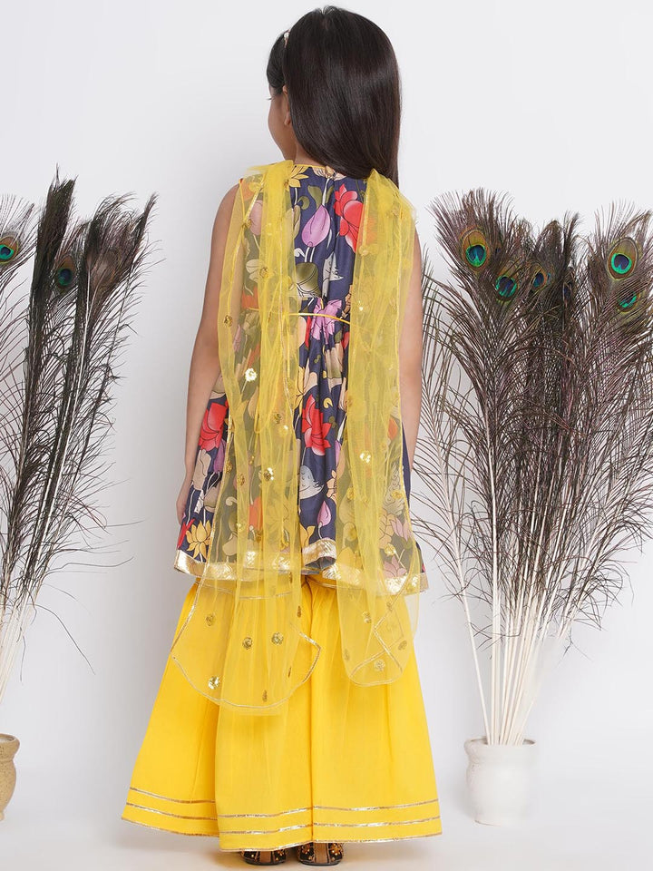 Lotus & Duck Print Frock Style Kurta with Gota work sharara and Dupatta - Little Bansi