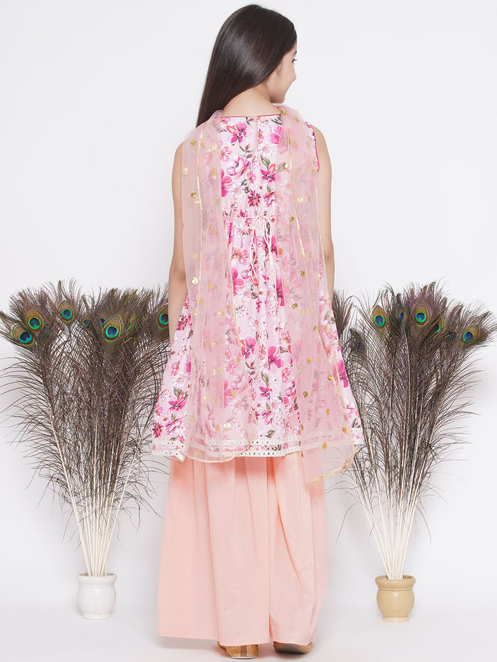 Gulabo Frock Style Kurta with Sharara and Dupatta - Pink & Peach - Little Bansi