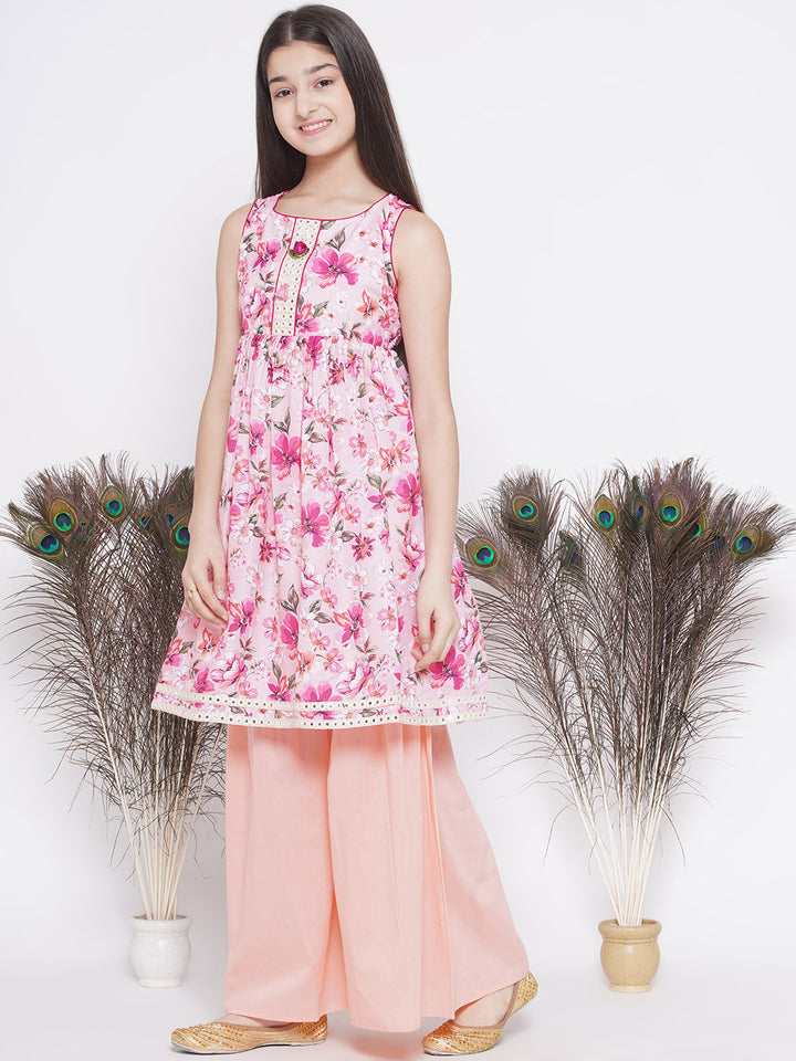 Gulabo Frock Style Kurta with Sharara and Dupatta - Pink & Peach - Little Bansi